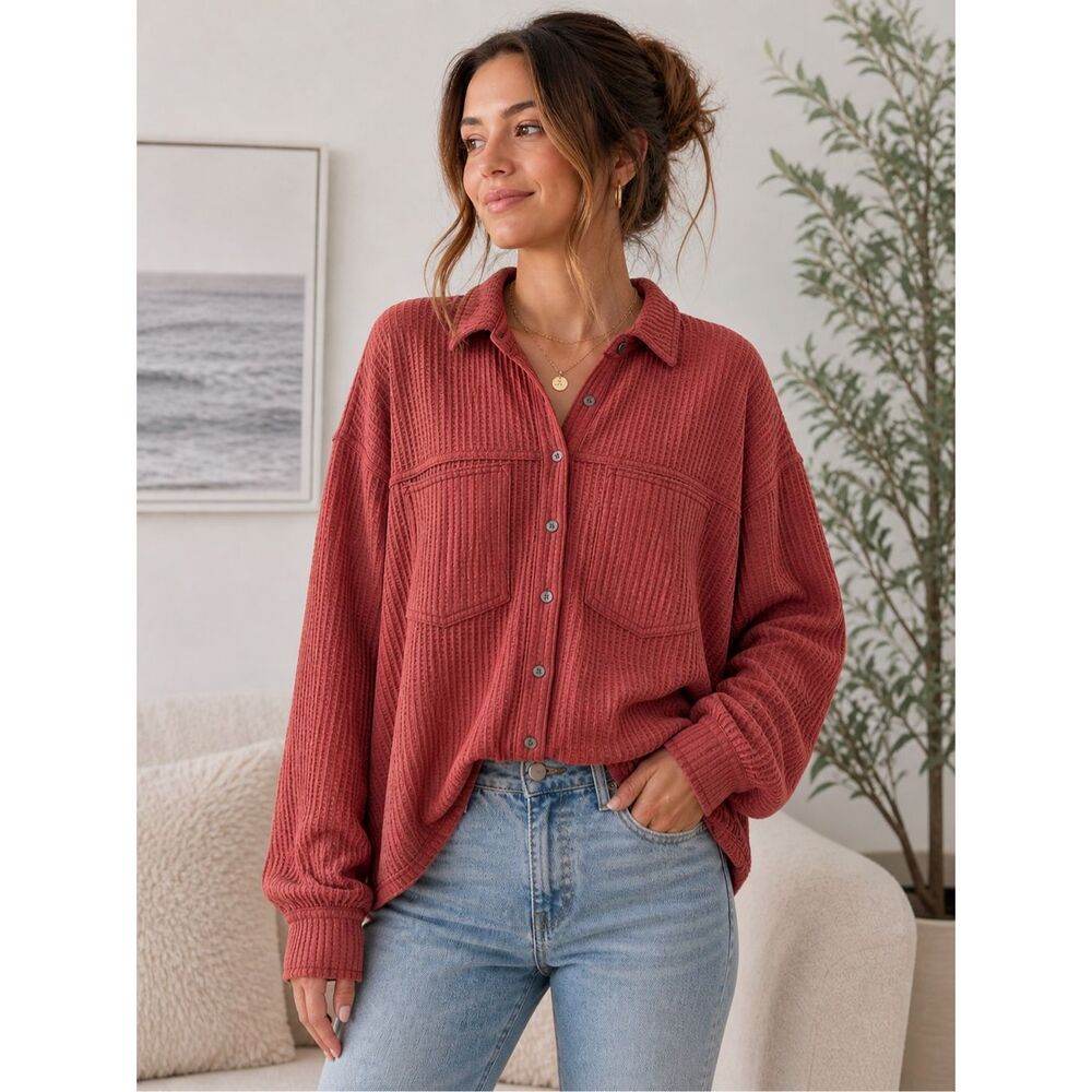 NWT Aerie Waffle Knit Button Down Shirt M Oversized Cozy Shacket